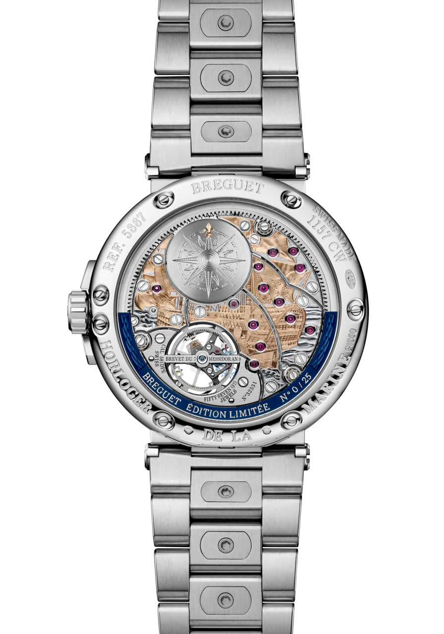 Marine Tourbillon Equation Marchante 5887機芯基板的手工雕刻描繪18世紀皇家「路易號」在橫渡大海的畫面。