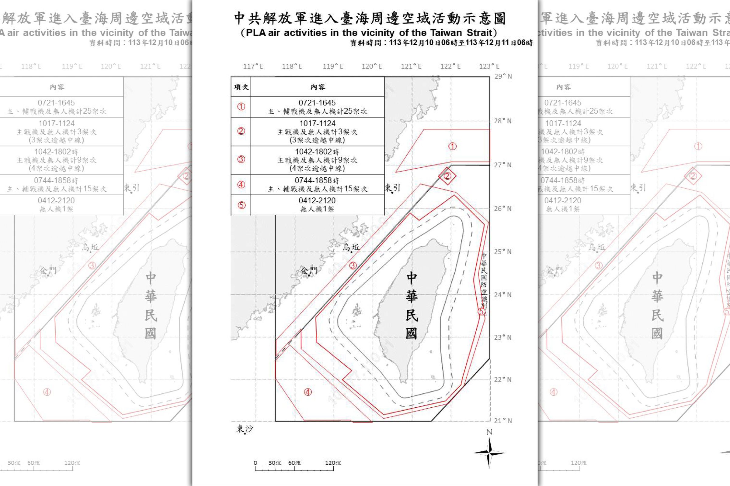 國防部今日公布偵獲共機53架次、共艦11艘及公務船8艘，持續在台海周邊活動。（國防部提供）