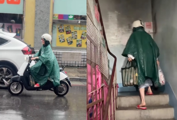 她踩紅白拖冒雨騎車奔波「身分竟是大咖天后」 克難拎大包小包爬樓梯!網讚:太親民