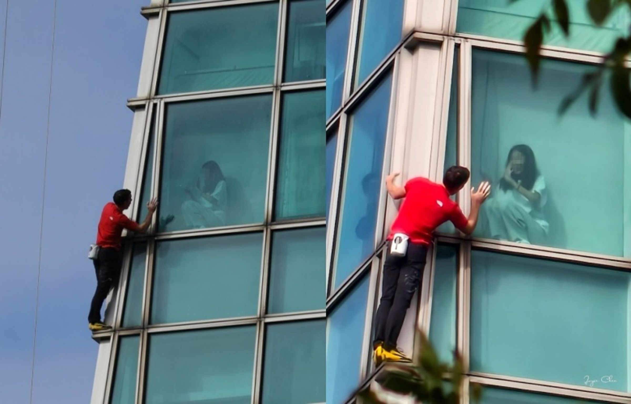 美國極限攀岩家 Alex Honnold 徒手攀登台北101，過程中被拍到大樓內部有人員在窗邊拍攝，引發社群討論。（翻攝自Threads/xuancissus、joyce40261）
