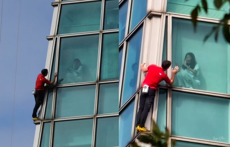 美國極限攀岩家 Alex Honnold 徒手攀登台北101,過程中被拍到大樓內部有人員在窗邊拍攝,引發社群討論。(翻攝自Threads/xuancissus、joyce40261)