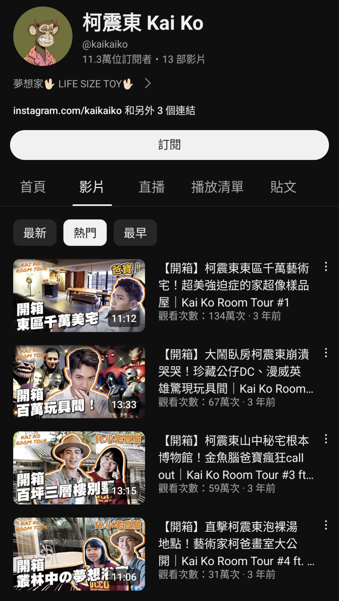 創立YT個人頻道4年來,柯震東共更新13支影片,其中最高觀看是134萬次的東區豪宅開箱影片。(翻攝自柯震東YT頻道)