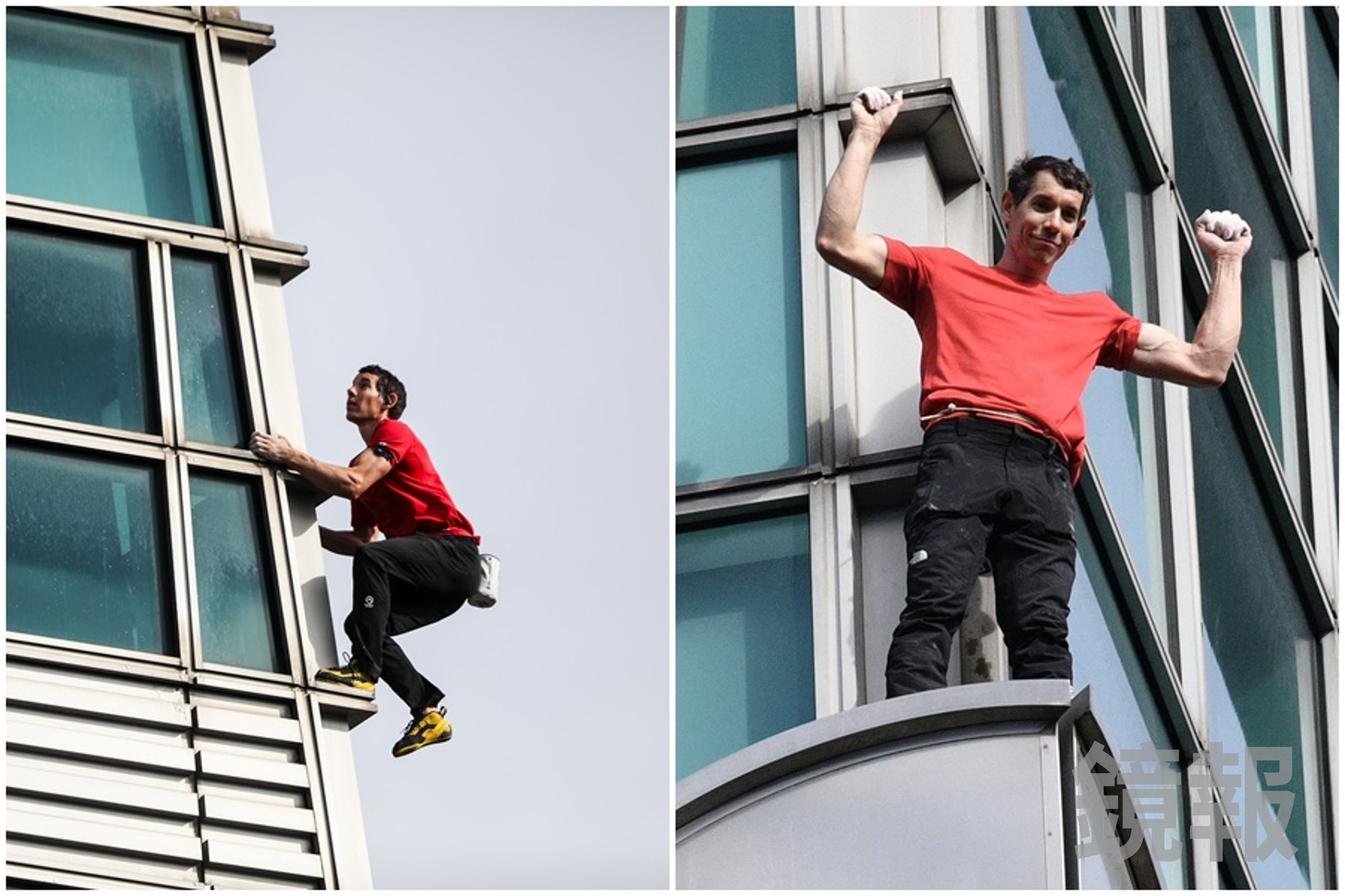 美國攀岩傳奇艾力克斯霍諾德(Alex Honnold)昨(25日)在未有防護措施下,以1小時31分成功完成挑戰徒手攀登台北101大樓。(鏡報提供)