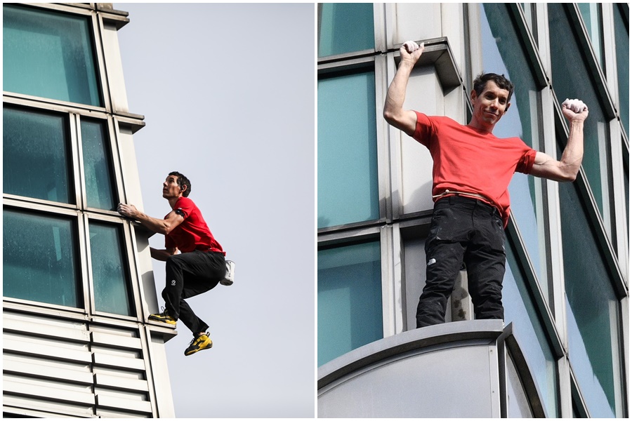 美國攀岩傳奇艾力克斯霍諾德（Alex Honnold）昨（25日）在未有防護措施下，以1小時31分成功完成挑戰徒手攀登台北101大樓。（鏡報提供）