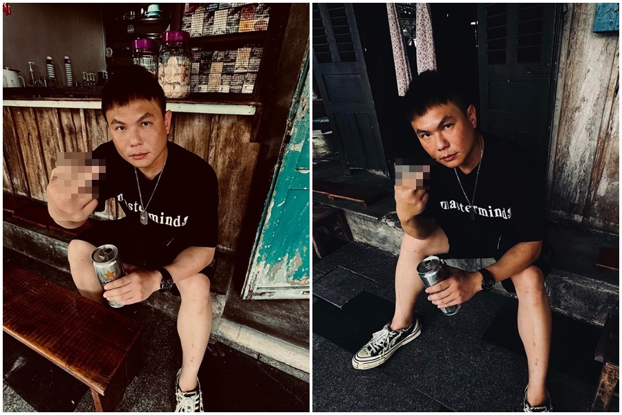 超哥下午發文開嗆質疑他和蹭熱的網友，對著鏡頭比出「超派中指」。（翻攝自超派人生臉書）