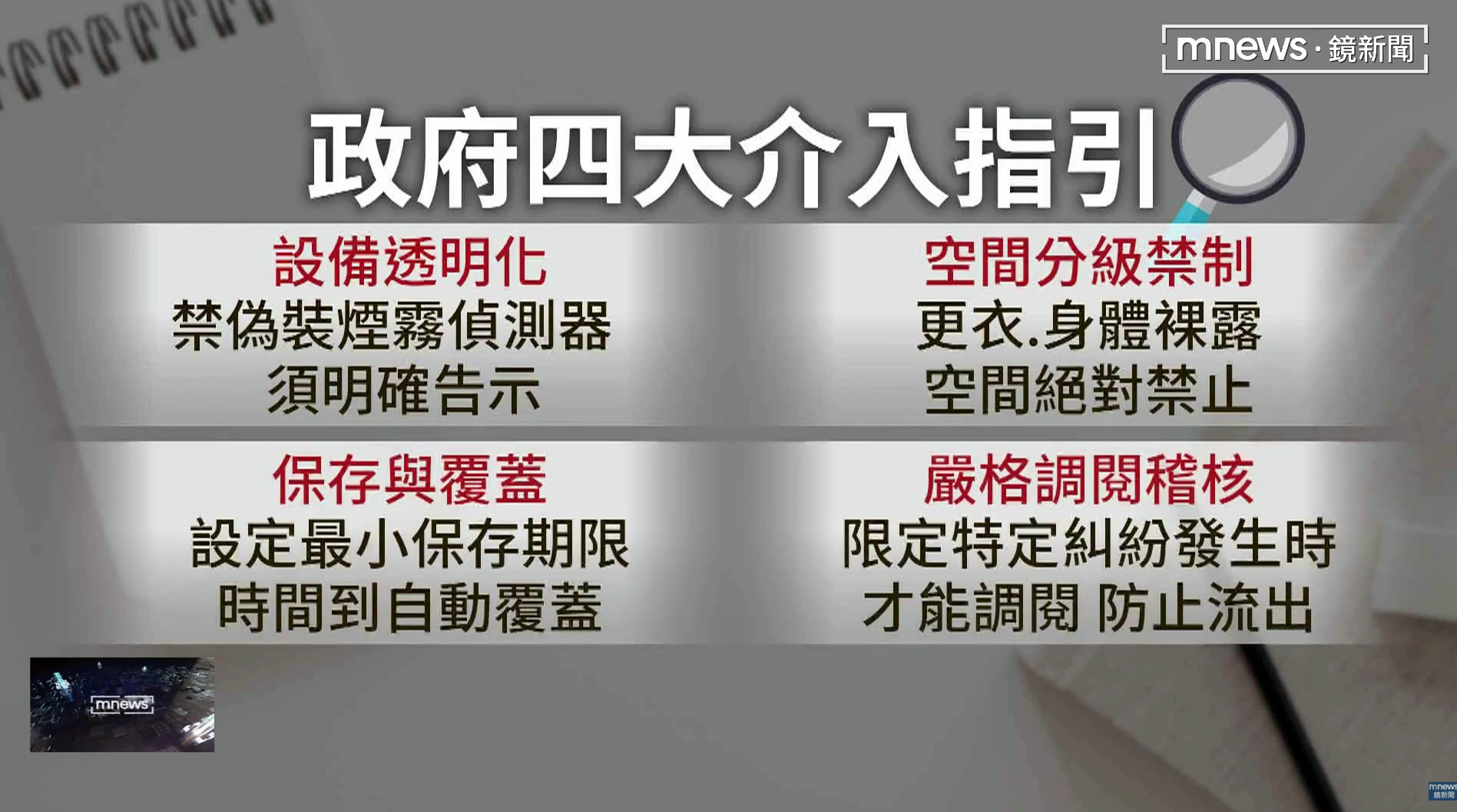 衛福部針對醫療院所監錄設備提出四大規範，涵蓋設備透明化、依空間分級管理、影像保存與覆蓋，以及調閱權限控管，兼顧證據保全與患者隱私。（翻攝自YouTube／鏡新聞）