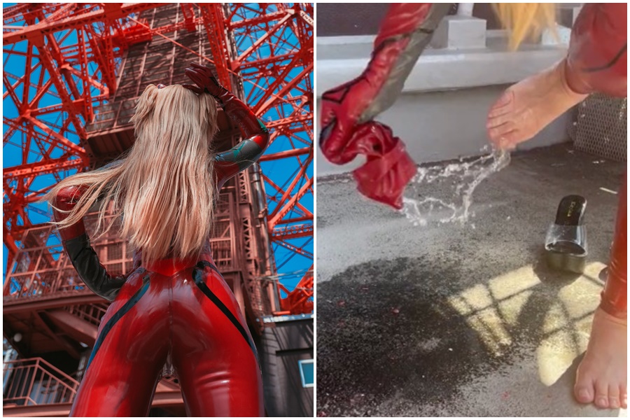 日本正妹Coser「ぐりこ」近日扮成《新世紀福音戰士》中的「明日香」角色，敬業的在豔陽高照下，於東京鐵塔拍攝長達1小時。（翻攝自ぐりこＸ）