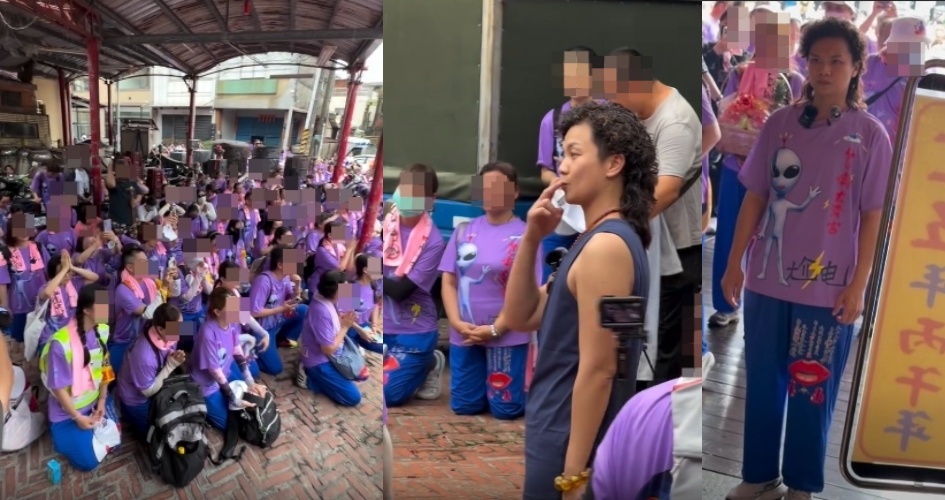台東玄濟宮主事者鄔馨茹近期參與屏東遶境活動,因身穿印有外星人圖案的紫色團服與出動透明盾牌護駕陣仗,引發網路熱烈討論。(翻攝自Threads/dbrandy51125)