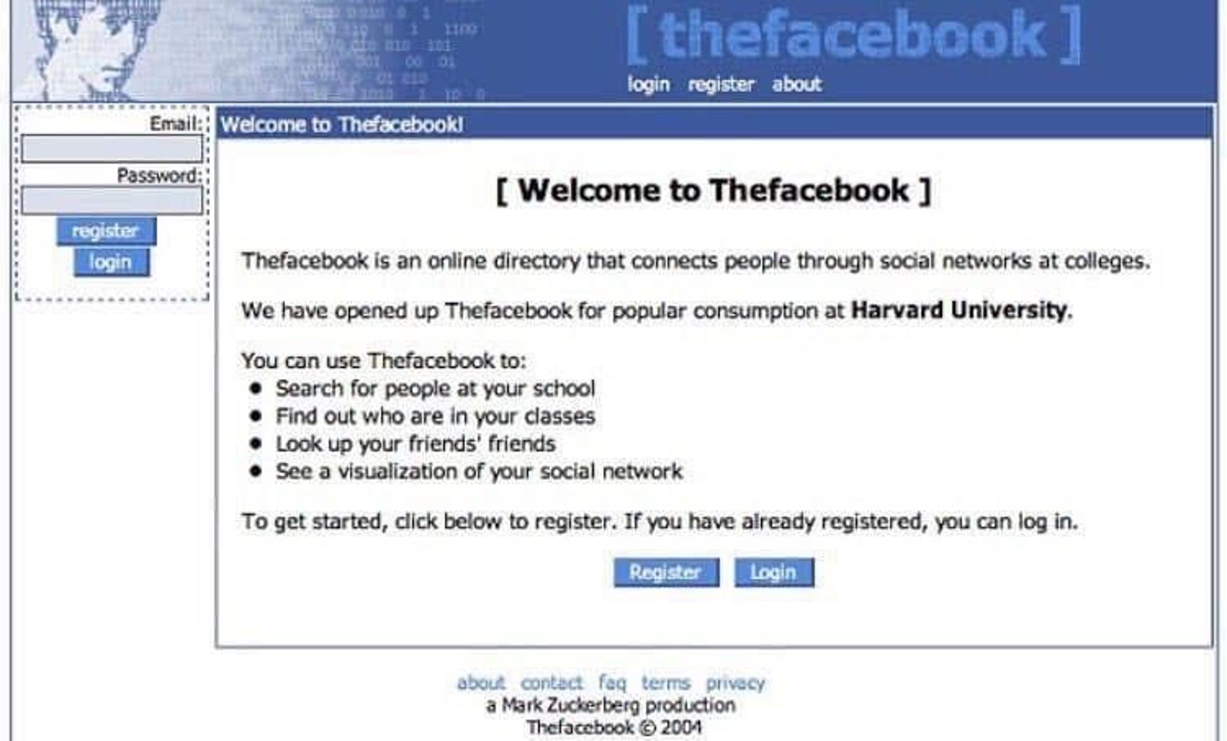 2004年2月推出的「TheFacebook」初代登入畫面,最早僅開放哈佛大學學生使用,主打校園交友與個人檔案建立。(翻攝臉書)