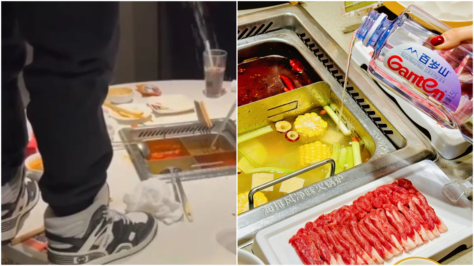 中國海底撈「尿尿小童」（左）慘了，店家已提告追究責任。（翻攝微博）