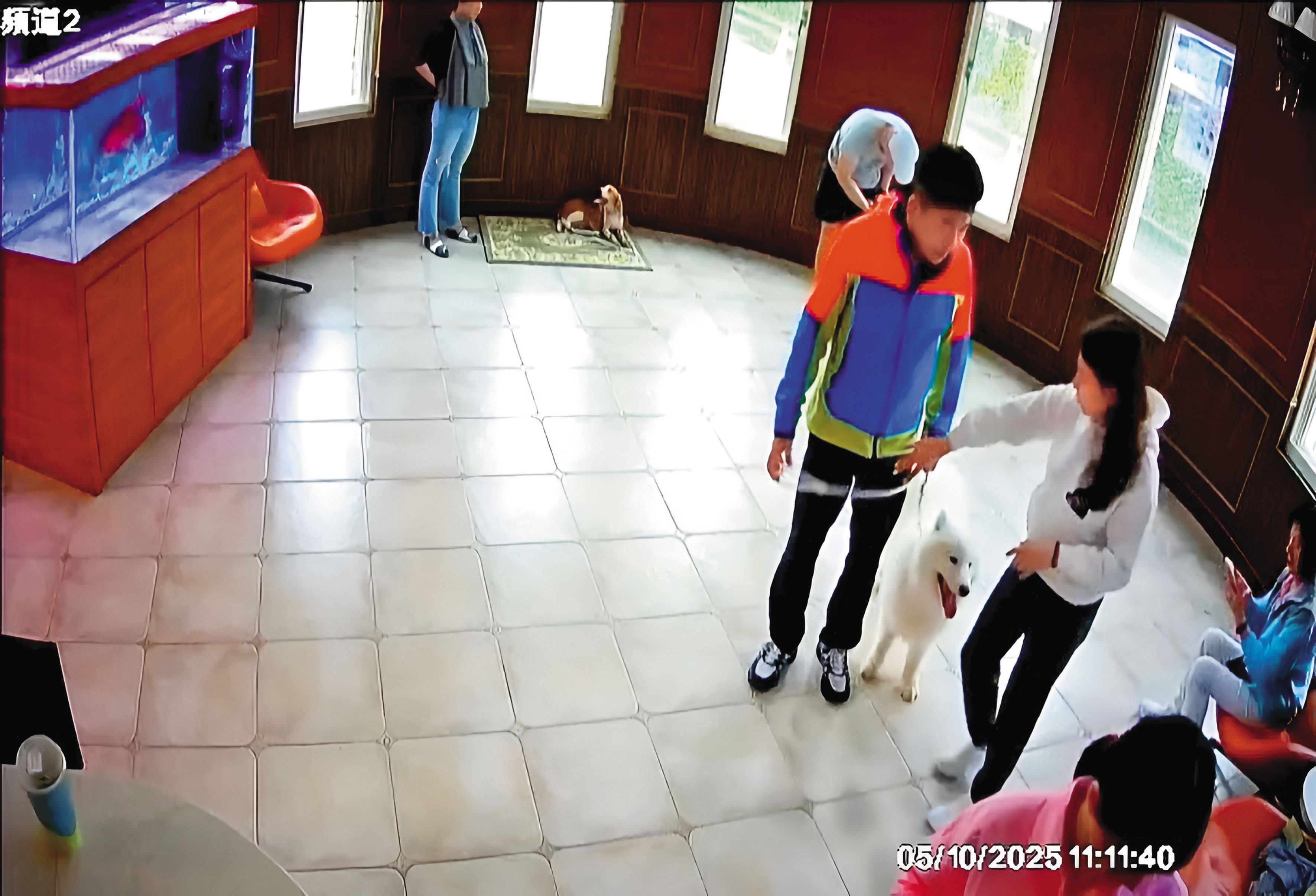 台北市不動產代銷公會理事長王明正（左）與民視前主播林青逸（右）常到訓犬學苑探望愛犬。（讀者提供）