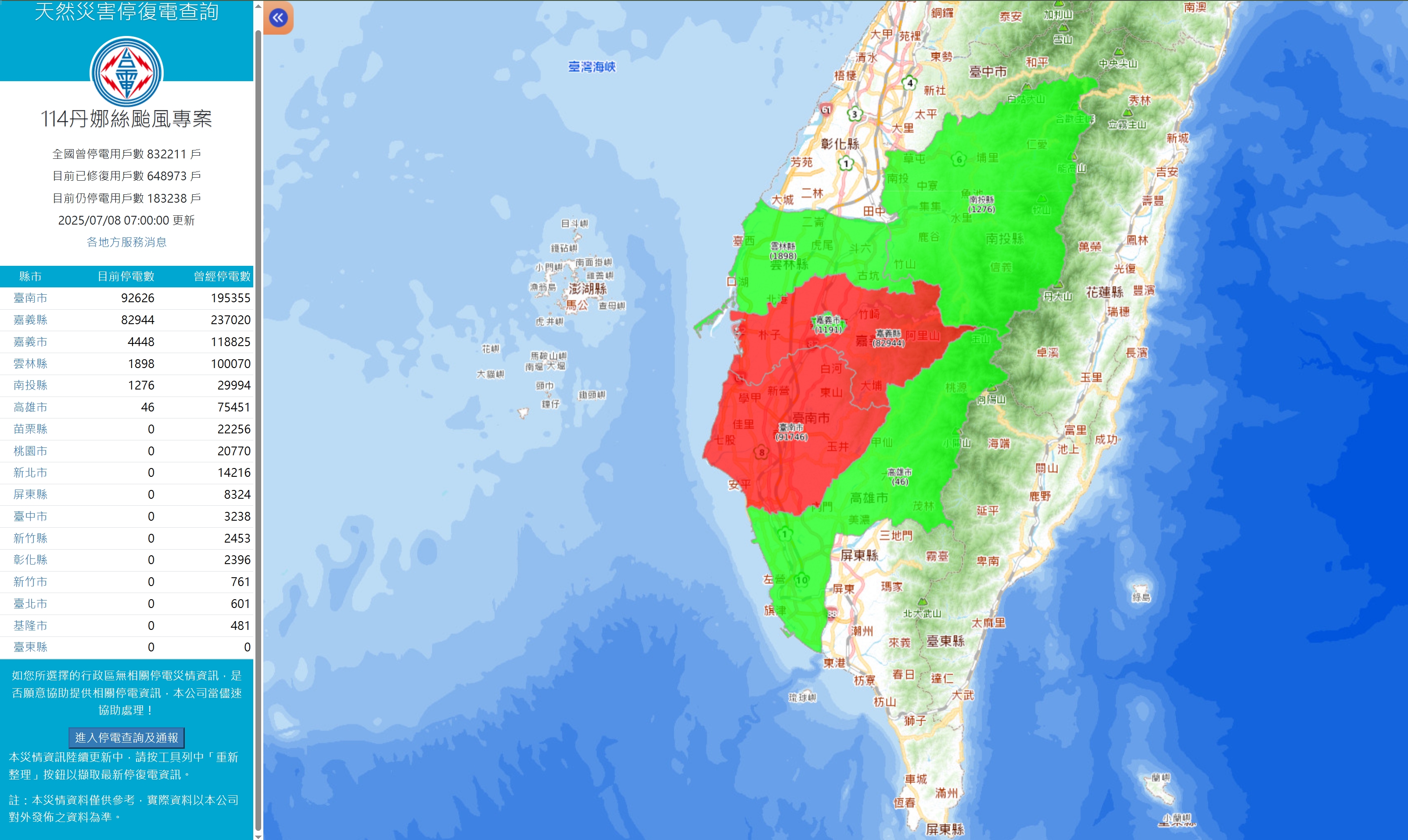 這回颱風一度造成83萬戶停電，目前已修復近65萬戶，仍有18萬戶還處於停電狀態。（翻攝自台電網站）