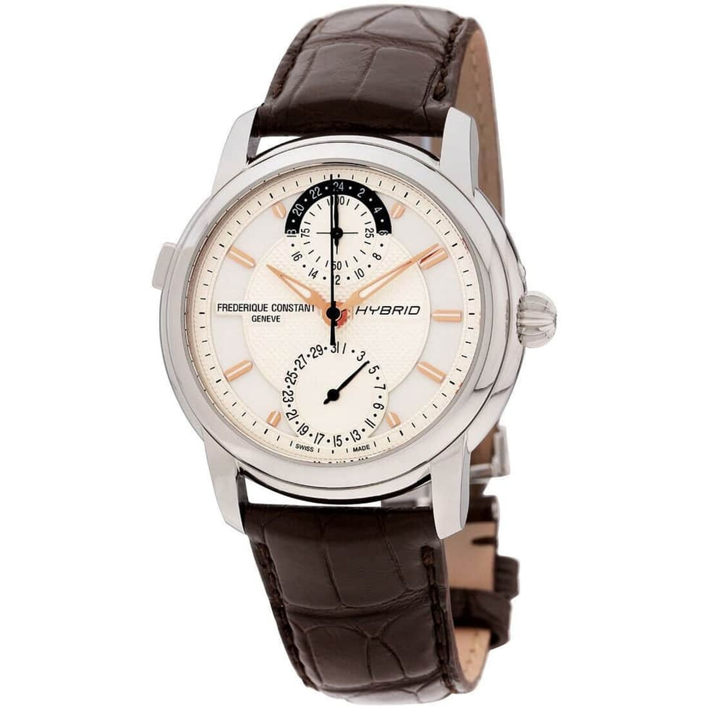 Frederique Constant Hybrid Manufacture 將自動機芯與藍牙智慧模組結合，並加入機芯診斷功能，實現傳統與智能融合。