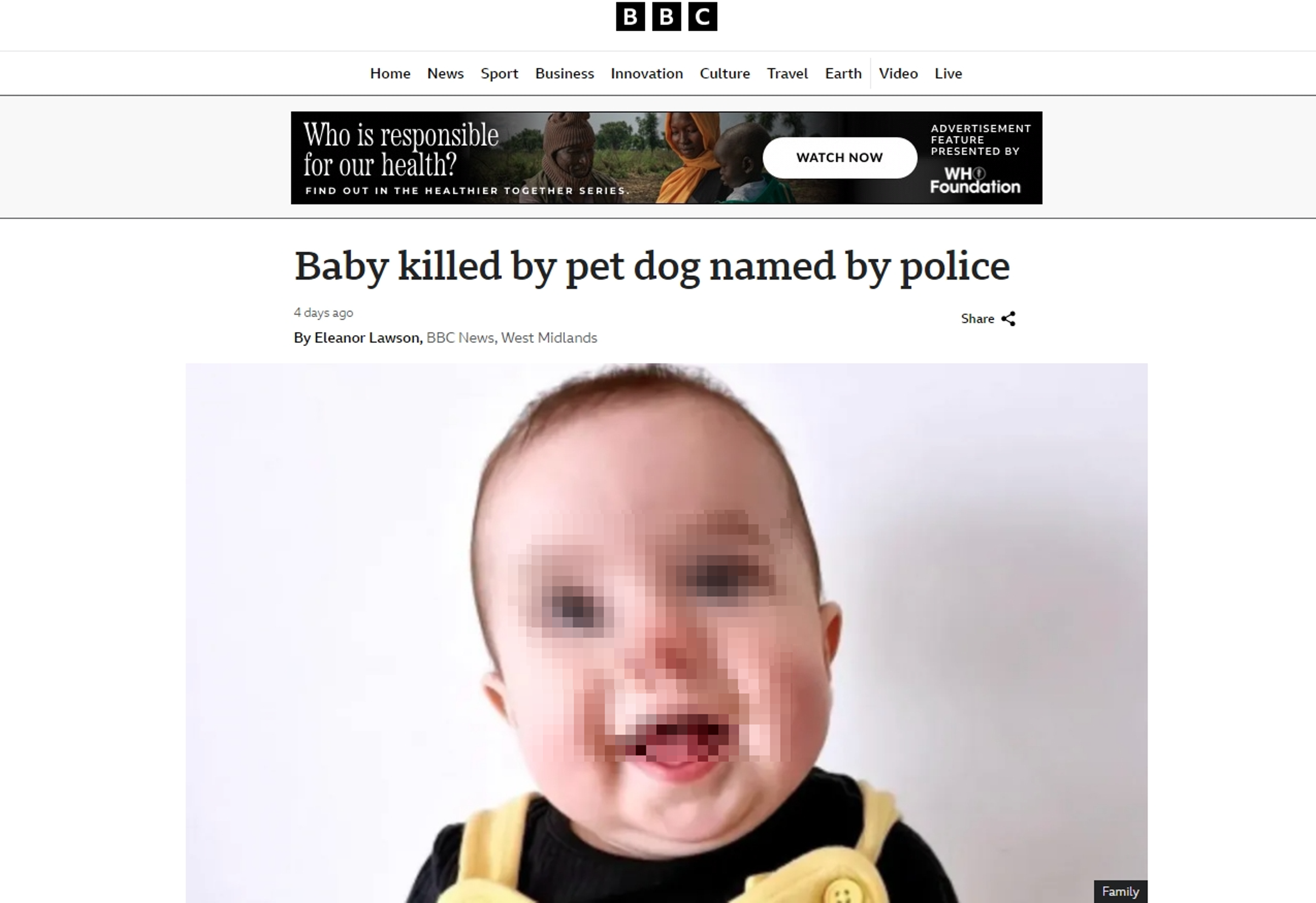 一名年僅7個月的嬰兒，不幸被家中寵物狗咬死。（翻攝自BBC）