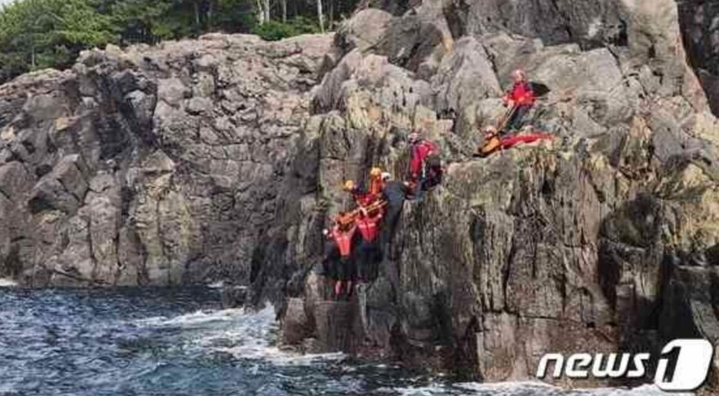 西歸浦海警救起該名墜崖遊客。（翻自《NEWS 1》）