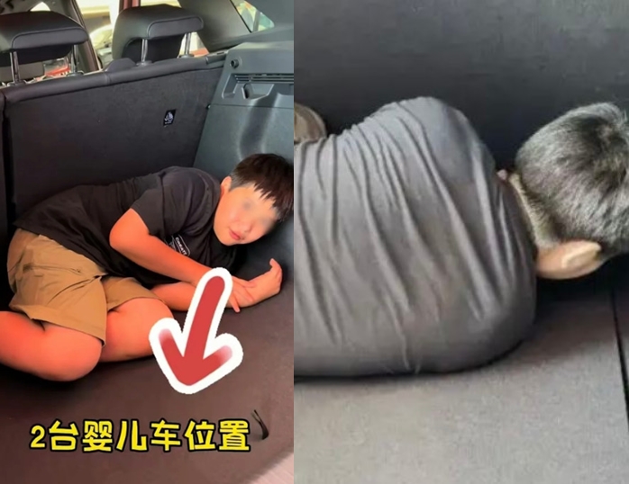一名離譜父親帶全家出遊，因座位不夠，竟讓兒子塞在後車廂。（翻攝微博）