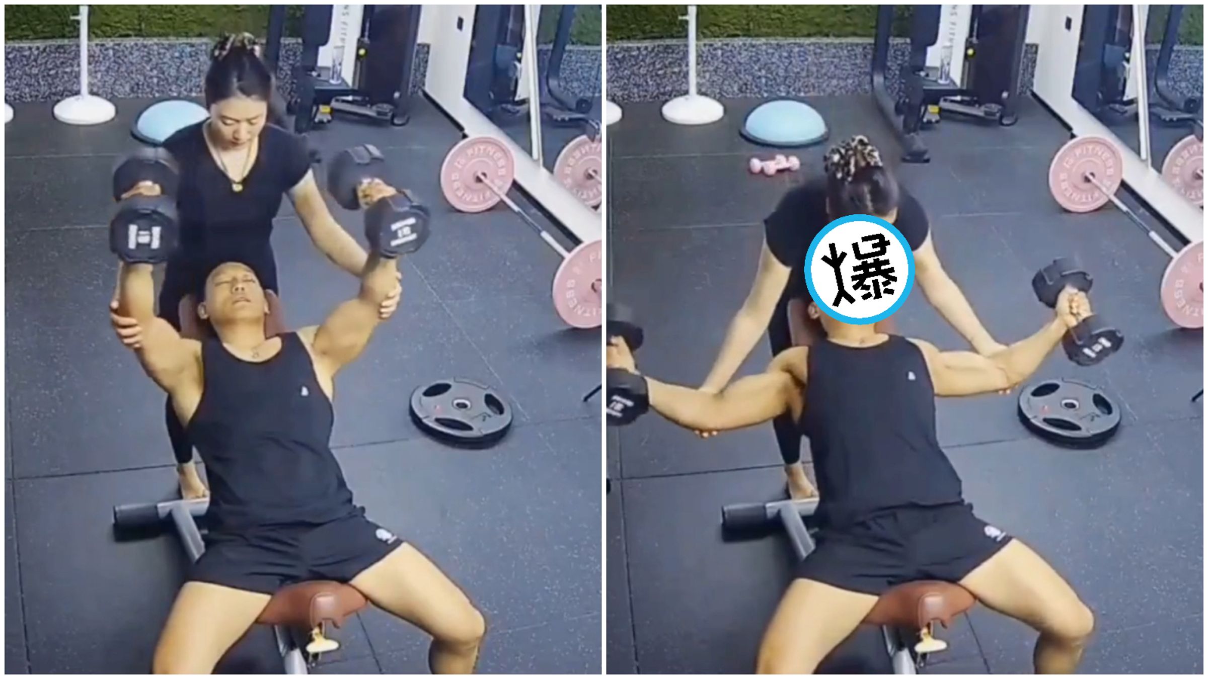 女教練「奶奶」貼臉開大助肌肉男重訓，網友直呼羨慕。（翻攝X）