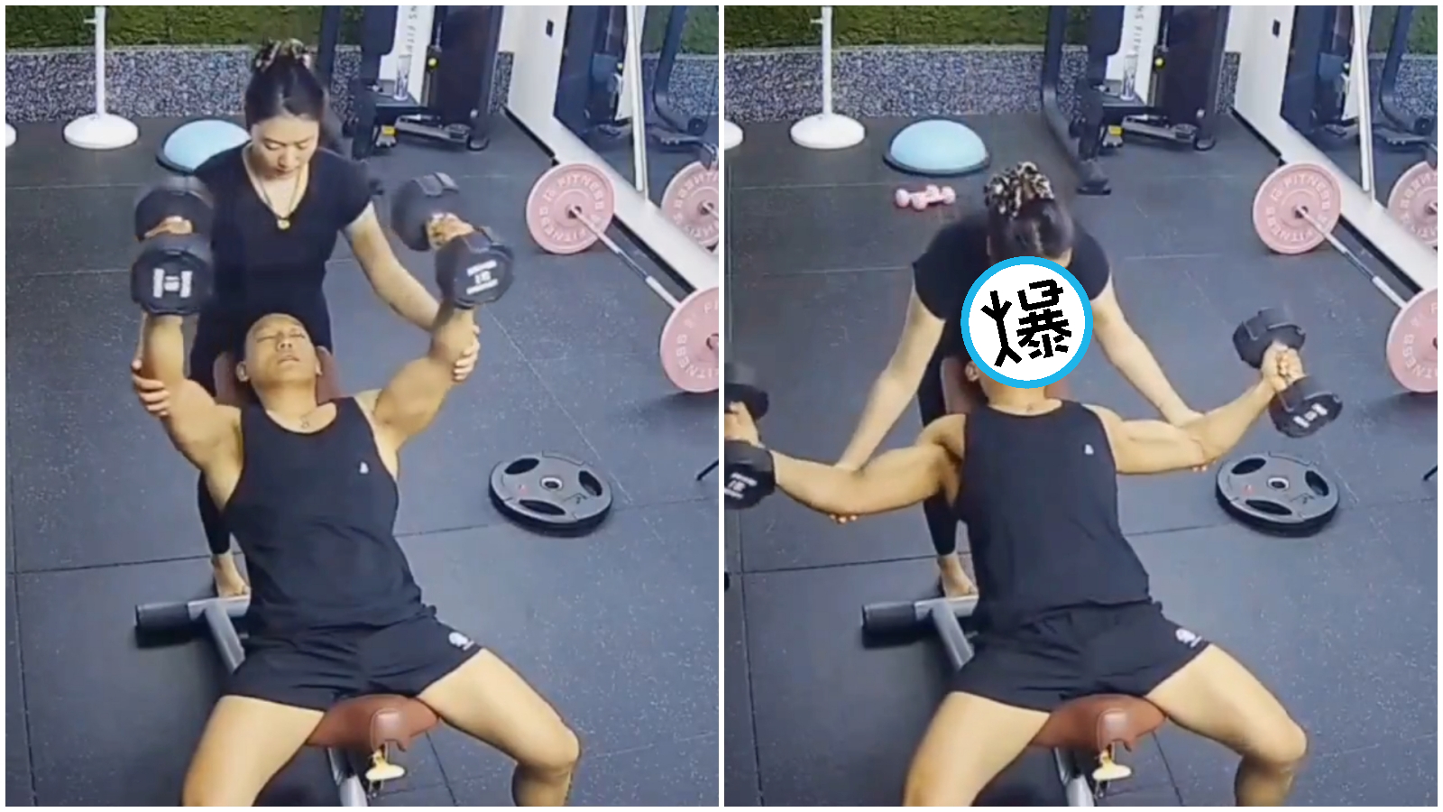 女教練「奶奶」貼臉開大助肌肉男重訓，網友直呼羨慕。（翻攝X）