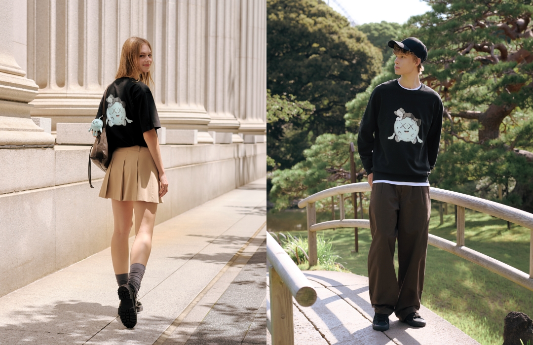 （左）KAWS UNIVERSE UT印花T恤NT$490、（右）KAWS UNIVERSE 印花休閒上衣NT$990。（UNIQLO提供）       