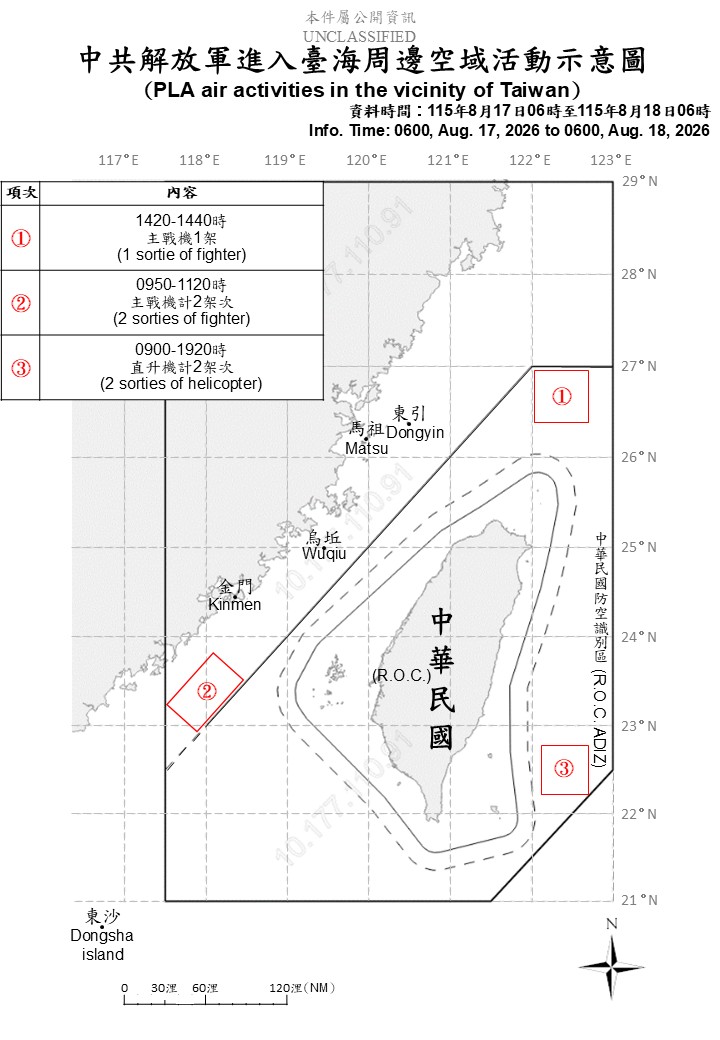 國防部今日上午公布「中共解放軍臺海周邊海、空域動態」。(國防部提供)