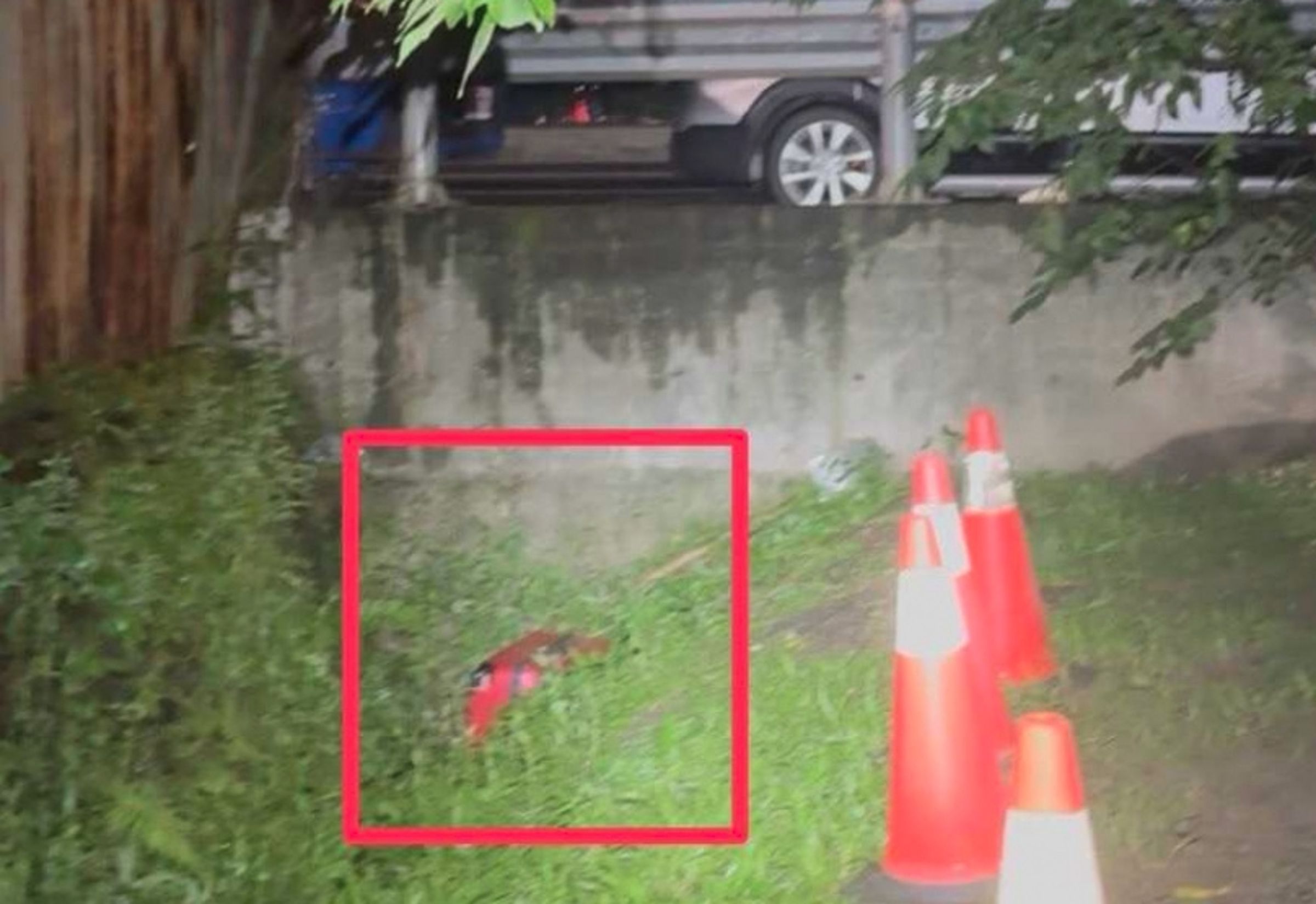 棄屍行李箱就被棄置在新泰路381巷底水溝邊,屍臭引人報警。(翻攝畫面)