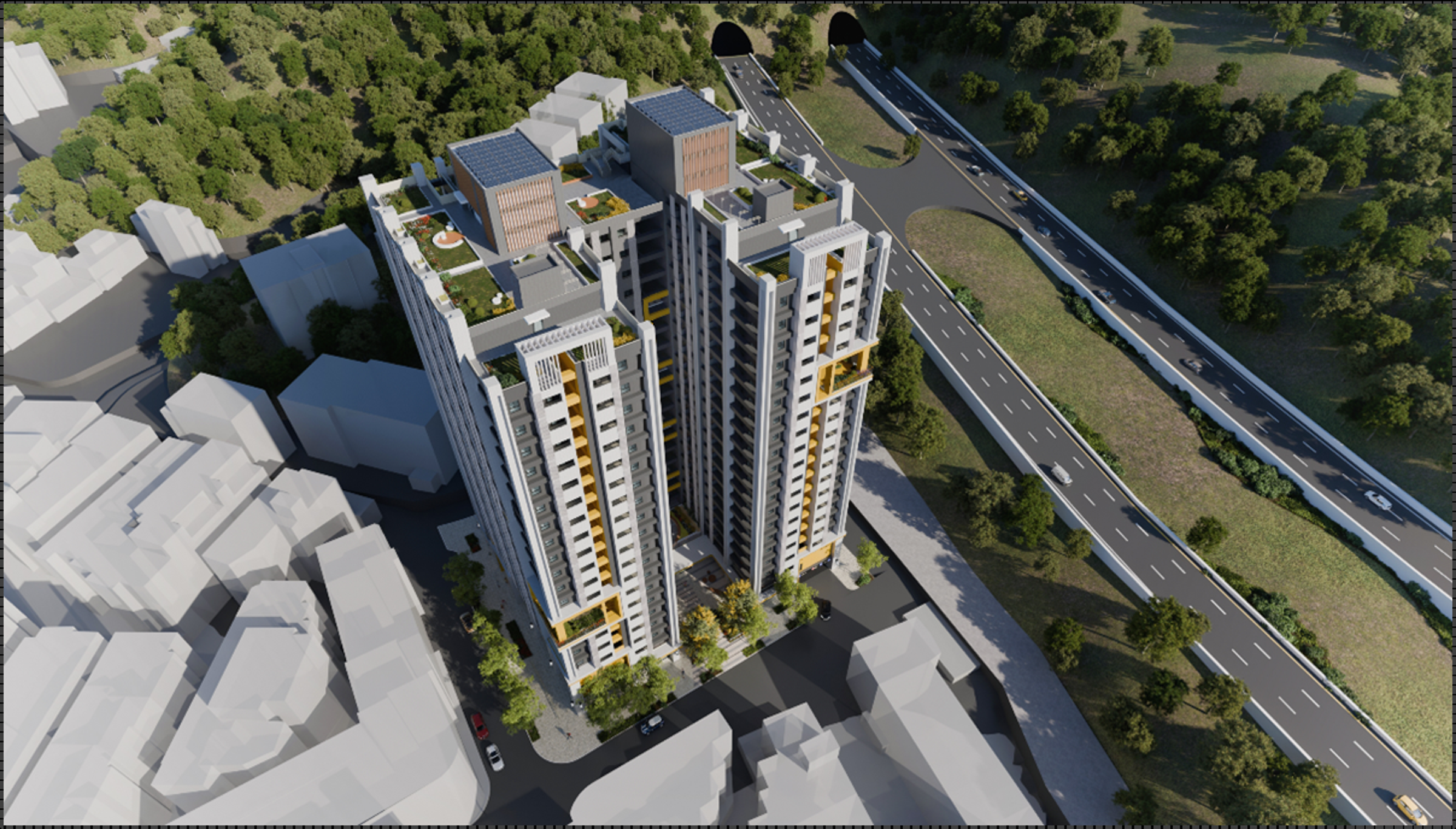 中和盛昌段停車場將搖身一變成為鑽石級綠建築，建築團隊導入「生態、淨零、無障礙」理念，規劃綠意盎然的共享空間與多元房型，滿足不同族群需求。（模擬圖）