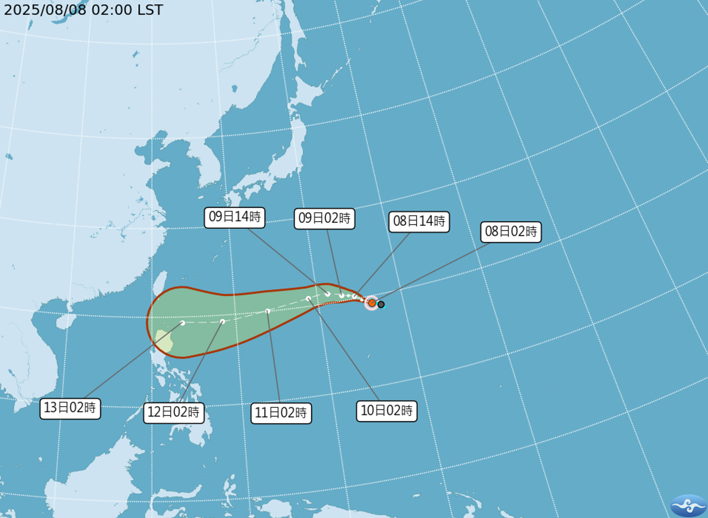 楊柳颱風於8日清晨2時生成，中央氣象署推估其路徑。（取自中央氣象署）