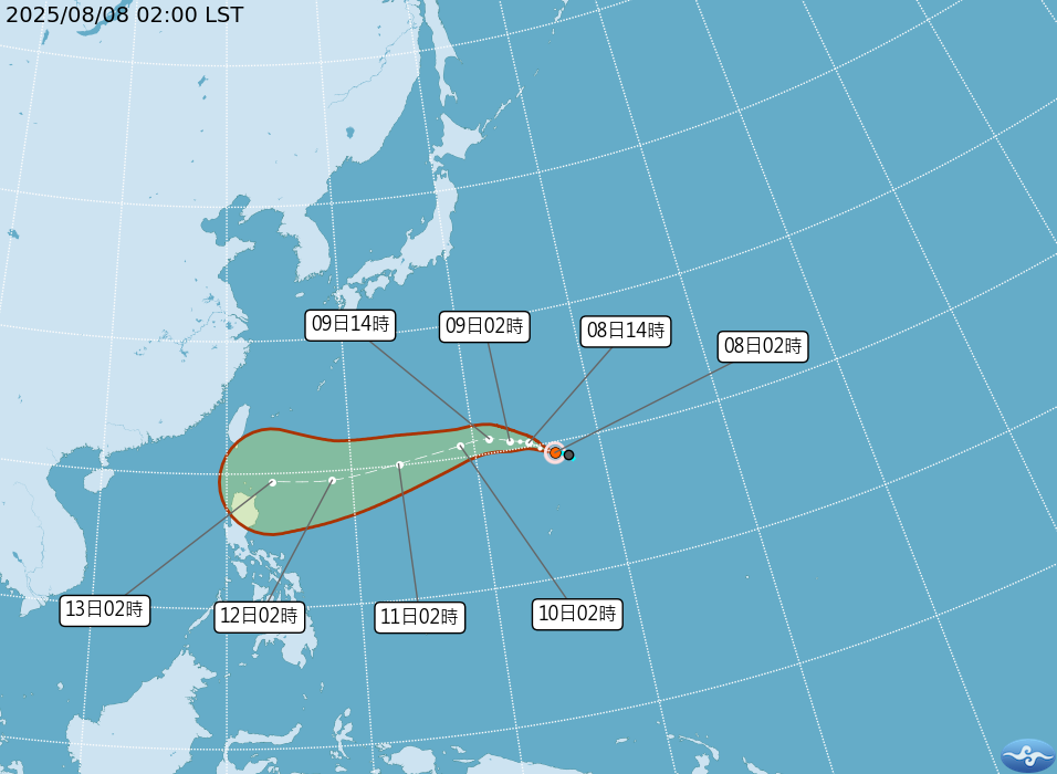 楊柳颱風於8日清晨2時生成，中央氣象署推估其路徑。（取自中央氣象署）