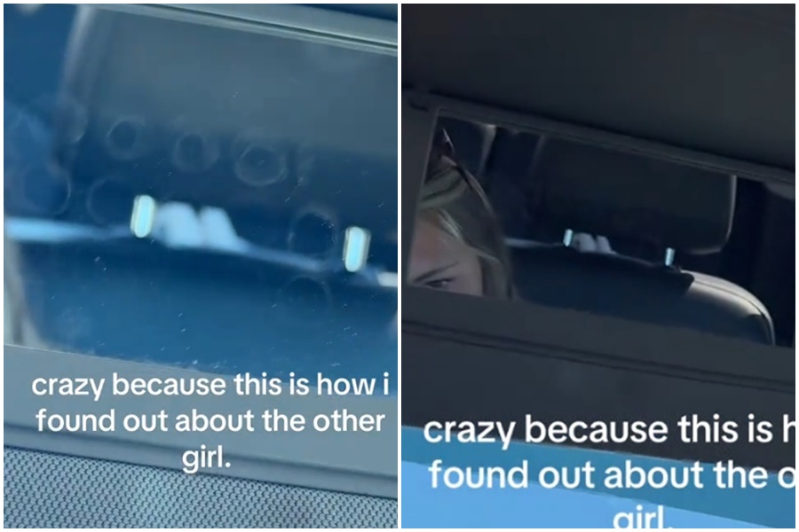 一名正妹女網友靠副駕的鏡子抓到男友出軌。（翻攝自TikTok）