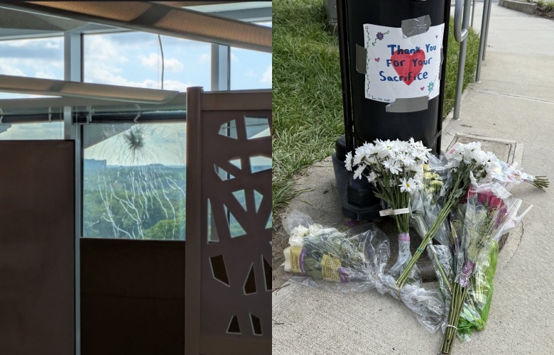 美國CDC亞特蘭大總部外傳出槍擊案，一名警察不幸因此殉職，目前地方已設立臨時紀念碑（右圖），現場有民眾前往放置鮮花悼念。（翻攝自X）