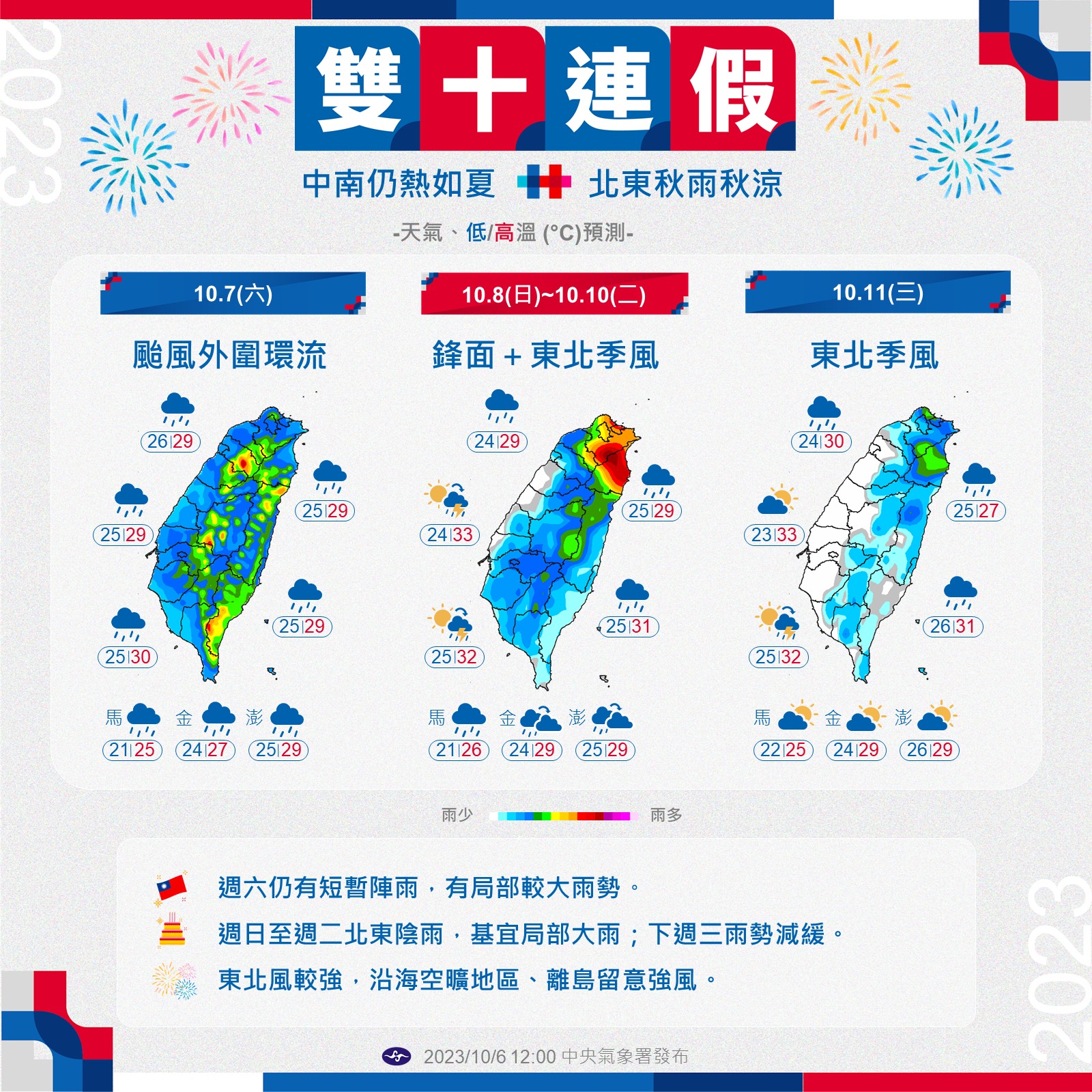 雙十連假天氣一次看。(中央氣象署提供)