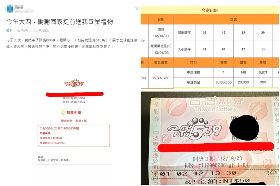 一名男大生透露，等紅燈時順手花50元買彩券，沒想到會意外中800萬。（翻攝自Dcard）