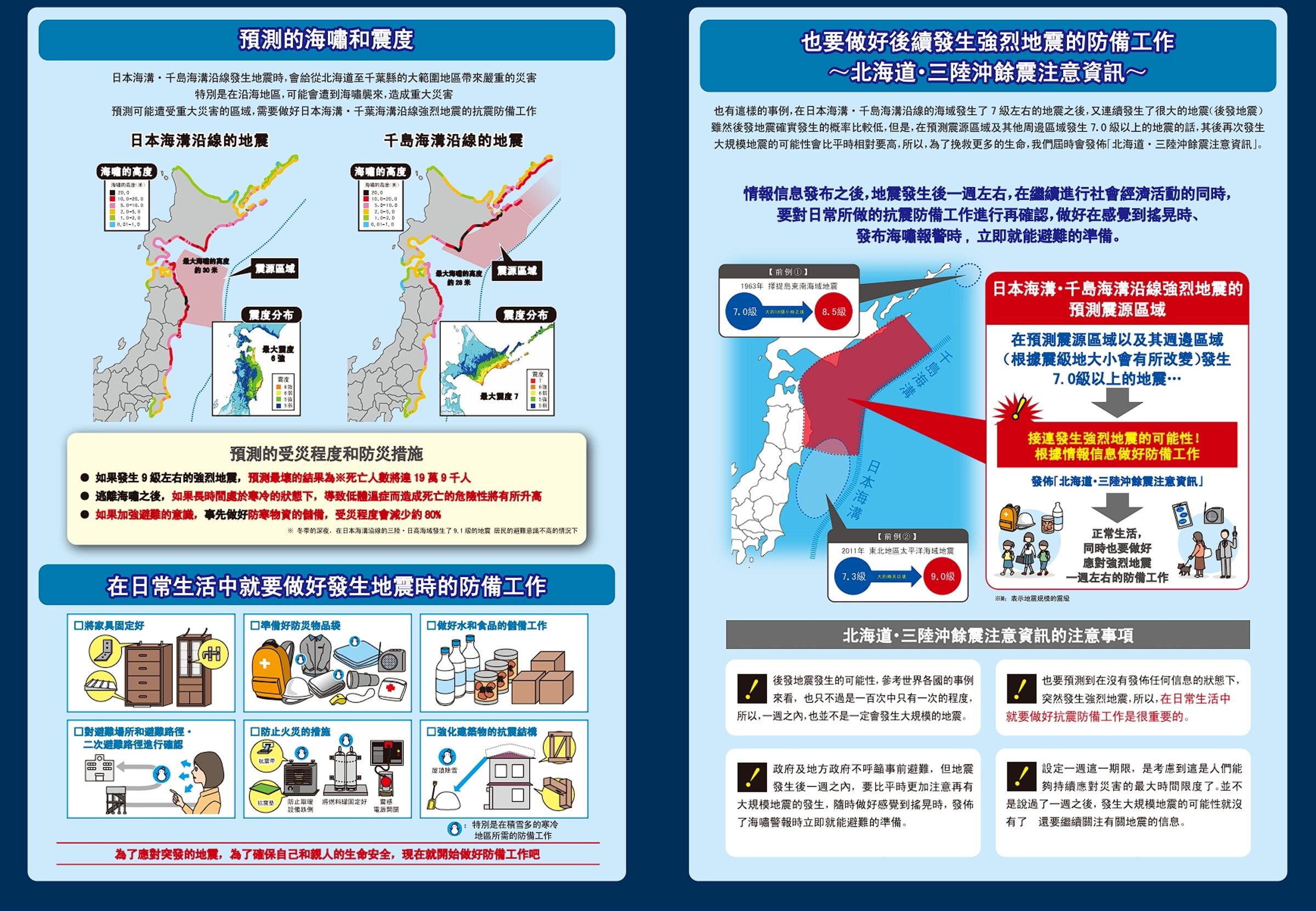 日本氣象廳針對日本海溝、千島海溝沿線可能發生的強烈地震,提出抗震防備工作預警。(翻攝自日本氣象廳)