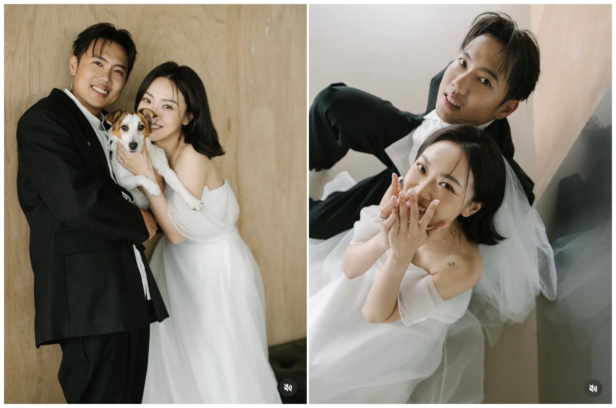 洋蔥公開與愛妻及愛犬「阿弟」拍攝的婚紗照，愛情長跑13年終於修成正果，夫妻倆甜蜜互動閃瞎粉絲。（翻攝自洋蔥IG）