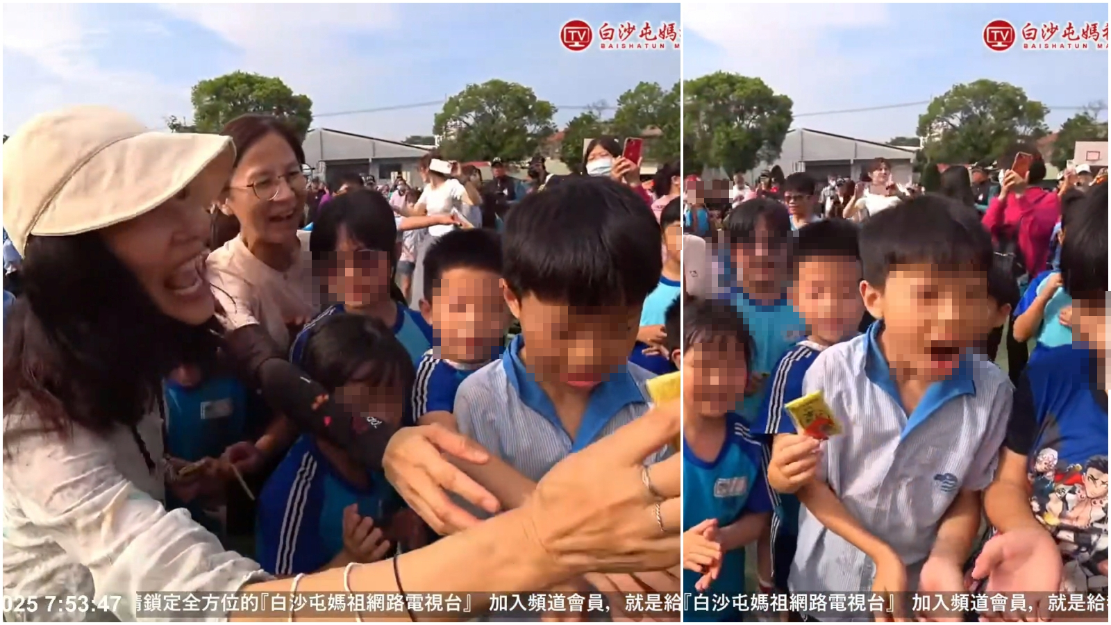 孩子正在領結緣品，結果被大人搶走，讓他當場傻眼。（翻攝白沙屯媽祖網路電視台直播）