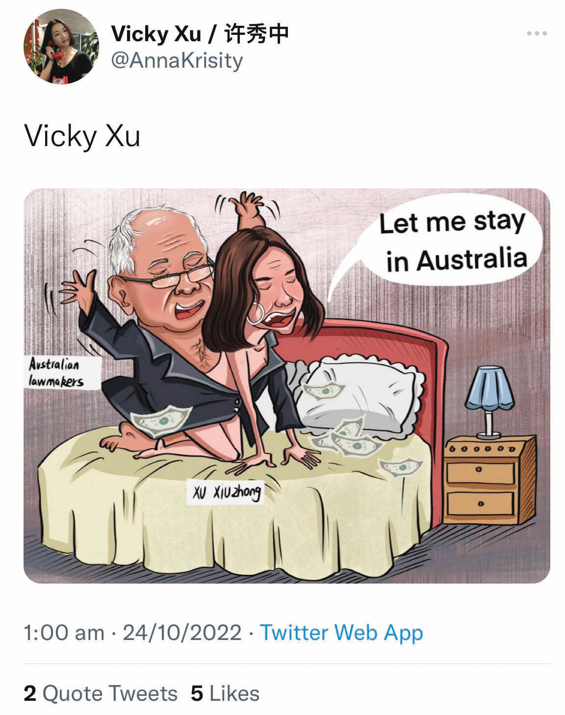 許微其曾轉發網路上攻擊她的諷刺漫畫,攻擊者躲在鍵盤後,影射她出賣身體、向澳洲立法者獻媚。(翻攝自許微其X)