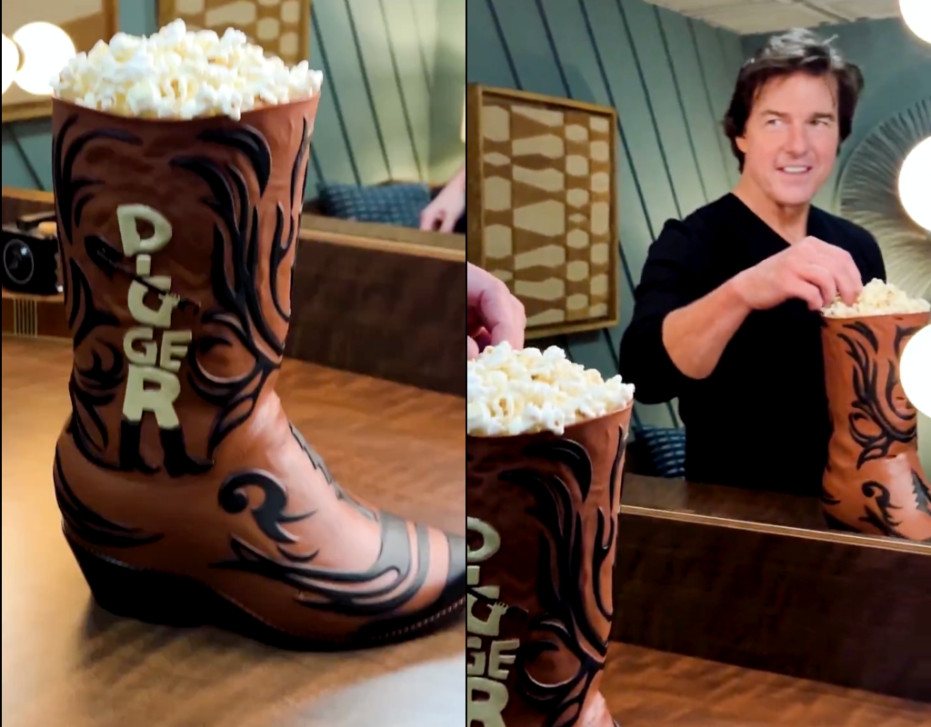 湯姆克魯斯(右)帶著《挖掘者》的爆米花桶上節目,請觀眾吃爆米花。(翻攝自The Tonight Show starring Jimmy Fallon官方X)