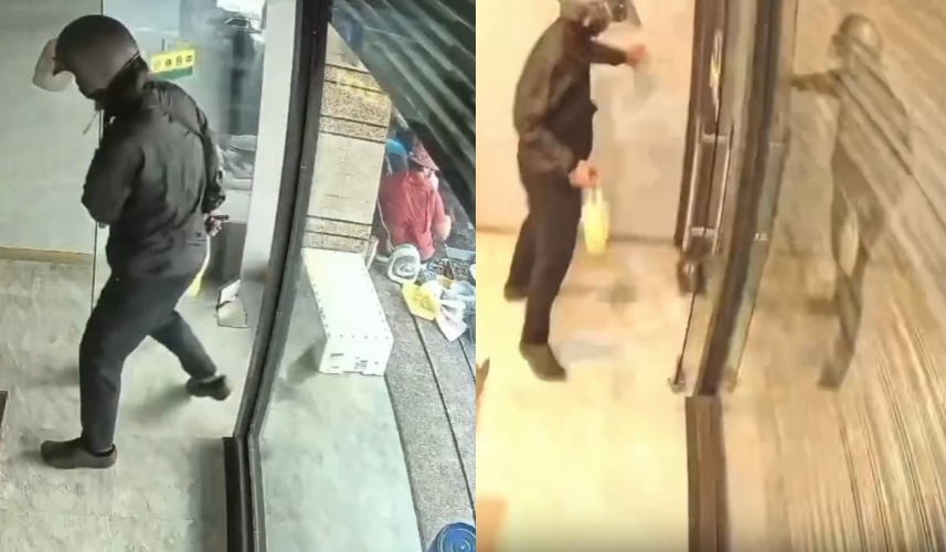 壽司店鐵捲門突然整片垮落，老闆剛好走進門3秒閃過一劫，畫面十分驚險。（Threads／rongyu1029）