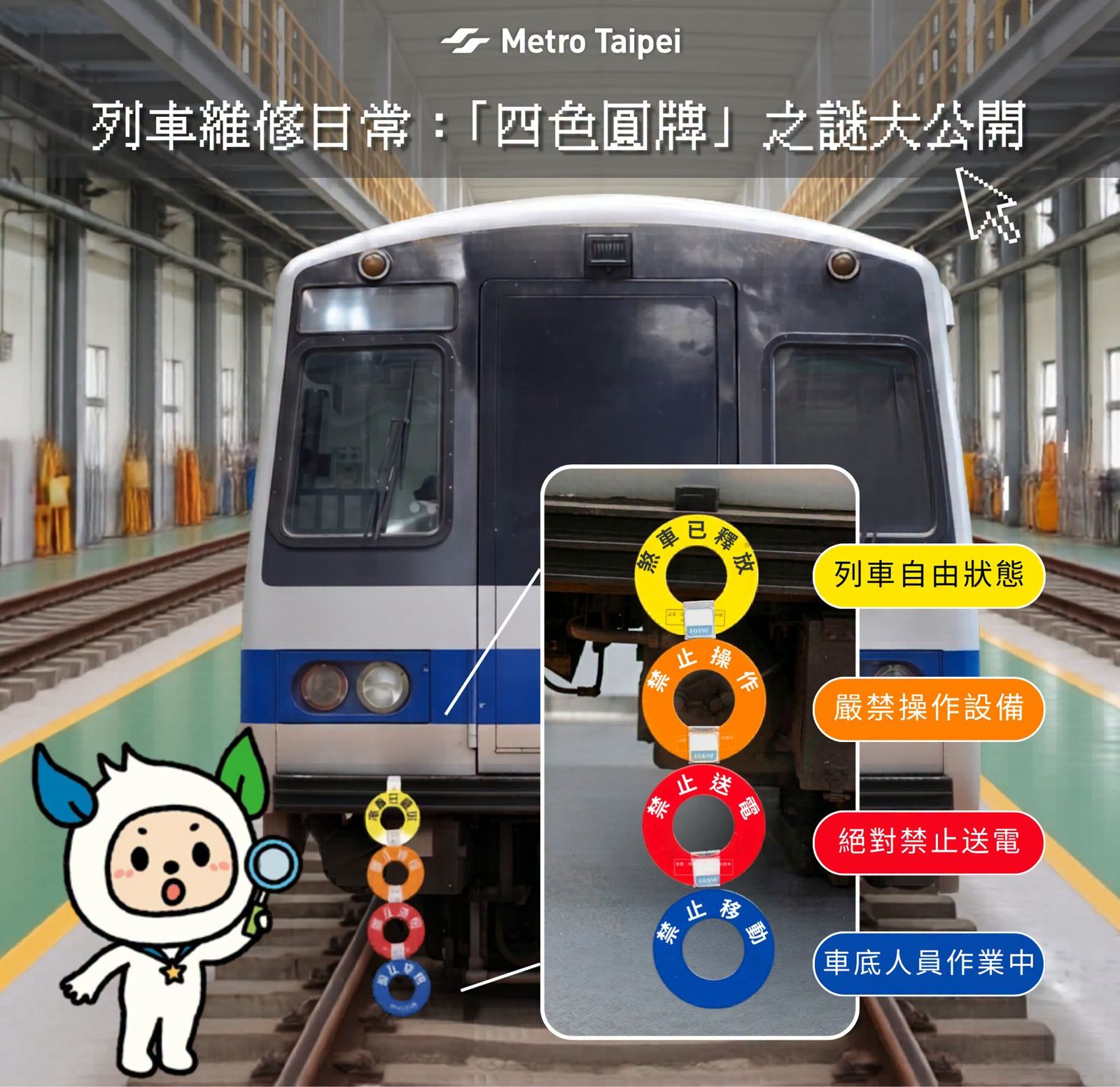 北捷分享這些彩色圓牌用途，每種顏色都代表不同的安全警示。（翻攝自臉書台北捷運 Metro Taipei﻿）