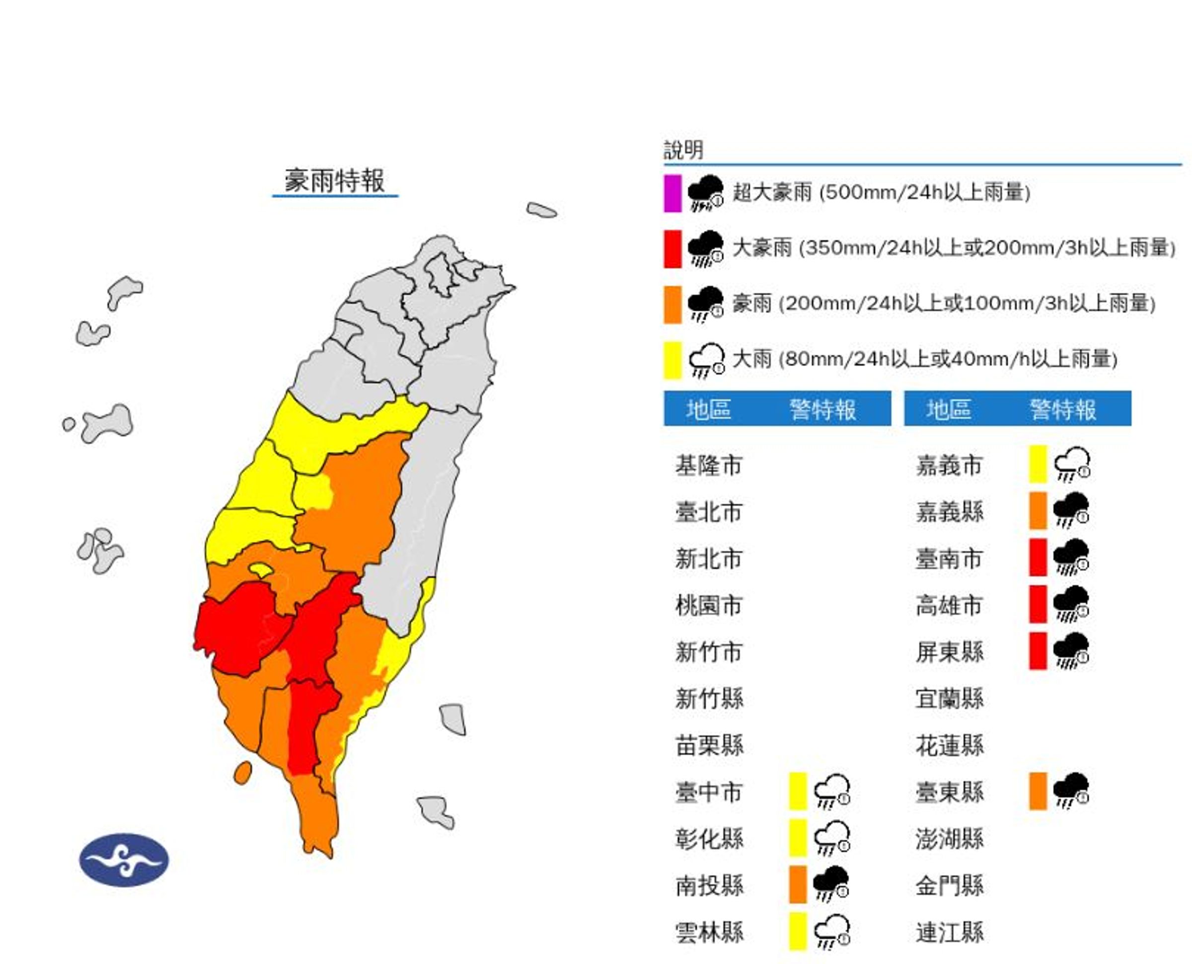 氣象署對10縣市發布豪大雨特報。(翻攝氣象署官網)
