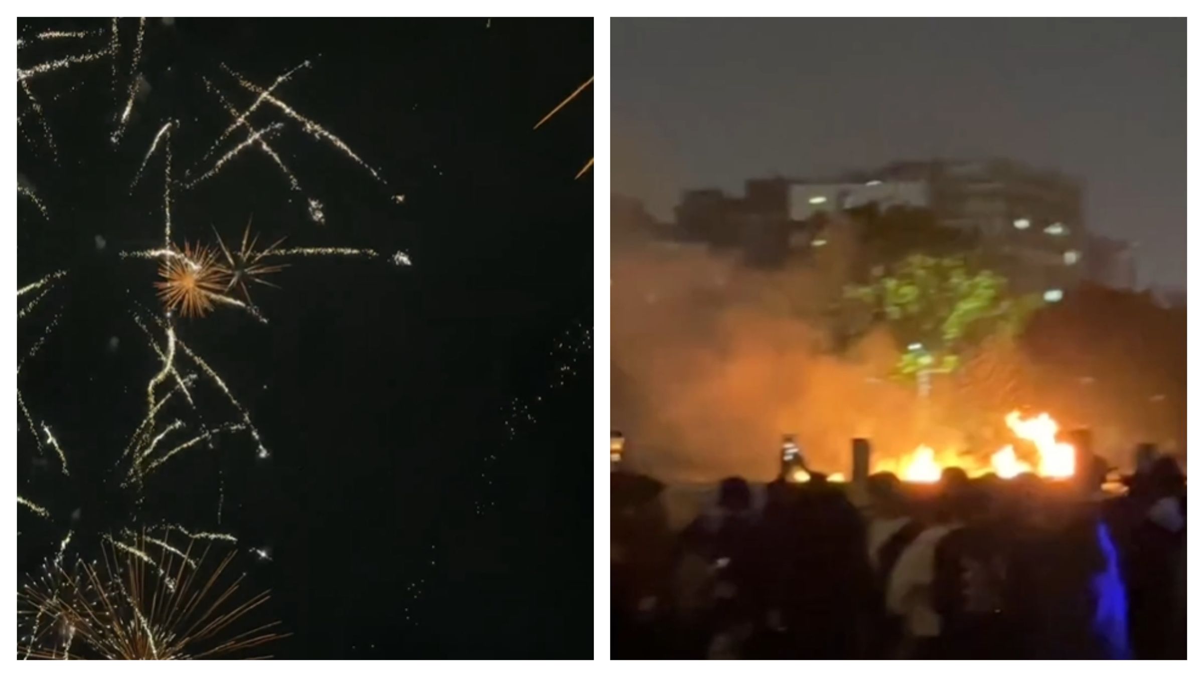 台中市政府跨年晚會煙火秀出包,傳出多處場地燃燒起火,甚至有民眾被落焰砸中。(翻攝自Threads@amelia_0922_、qq.amos)