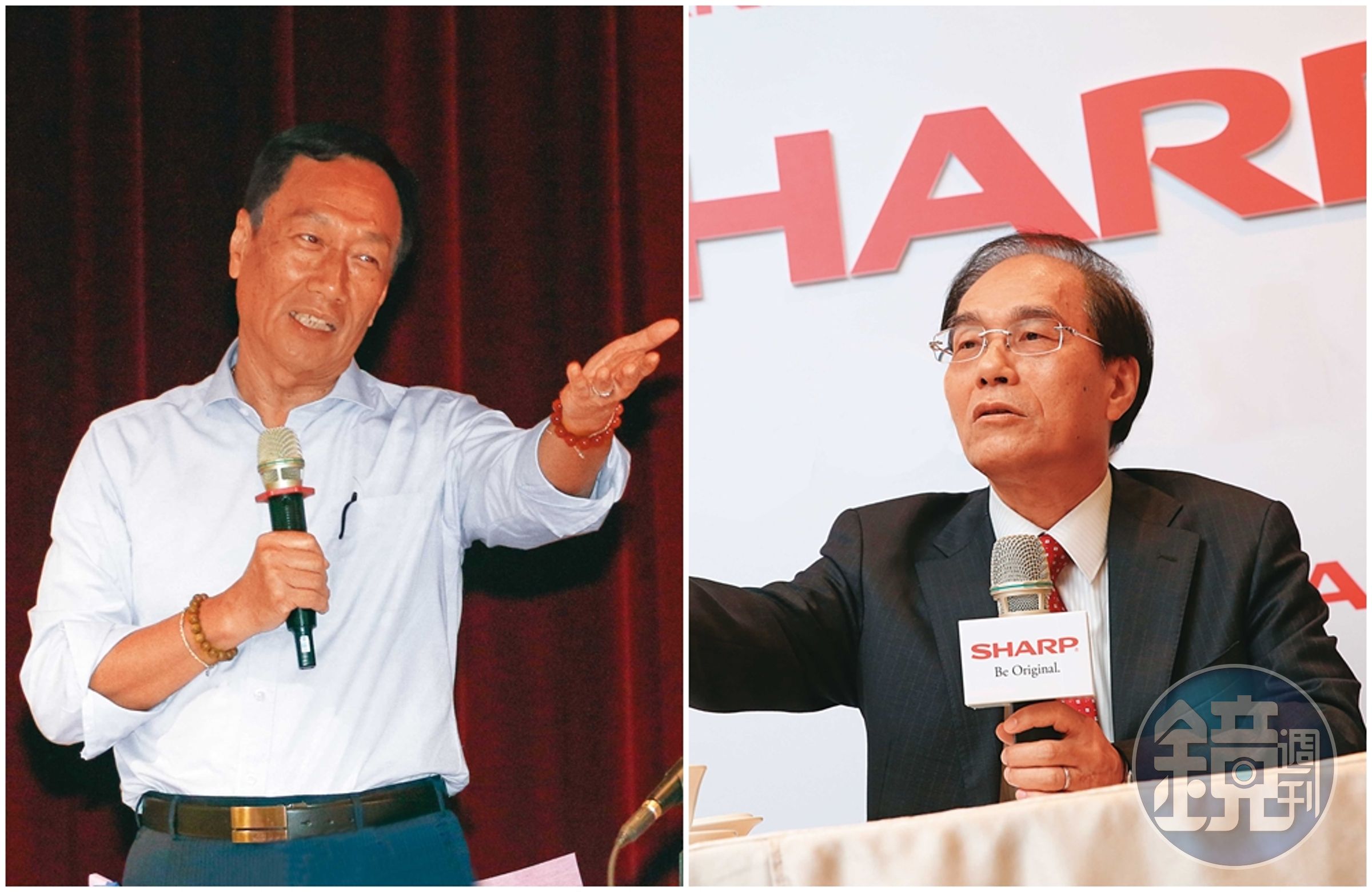 鴻海創辦人郭台銘(左)曾與前夏普會長戴正吳(右)簽署一紙獎勵金合約,現遭追討逾10億元。