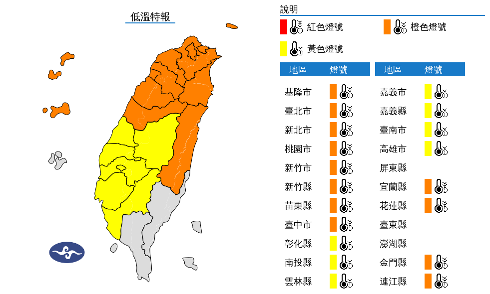 氣象署今上午對19縣市發布低溫特報。（中央氣象署提供）