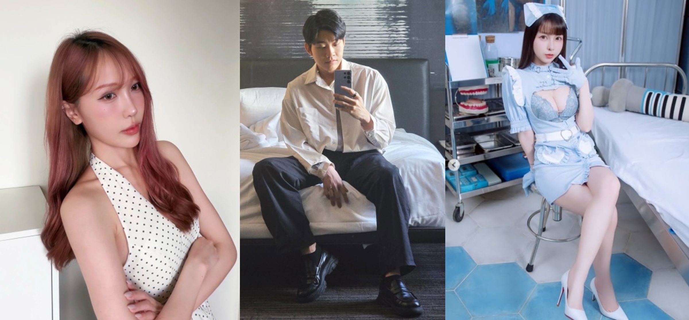 蕭伊（左）在Threads留言回擊胎尼（右），痛批其在明知Joeman（中）有女友的情況下仍要求坐副駕、發送「女友視角」照片。（翻攝自threads、臉書、instagram）