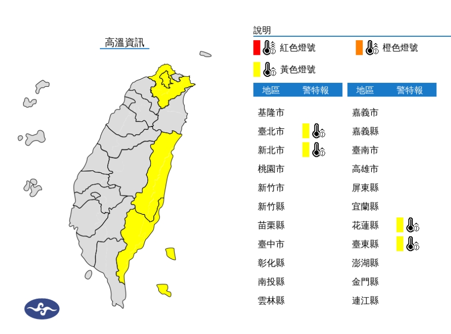 中央氣象署今（12日）發布高溫警報，台北市、新北市、花蓮縣、台東縣氣溫上看36度。（中央氣象署提供）