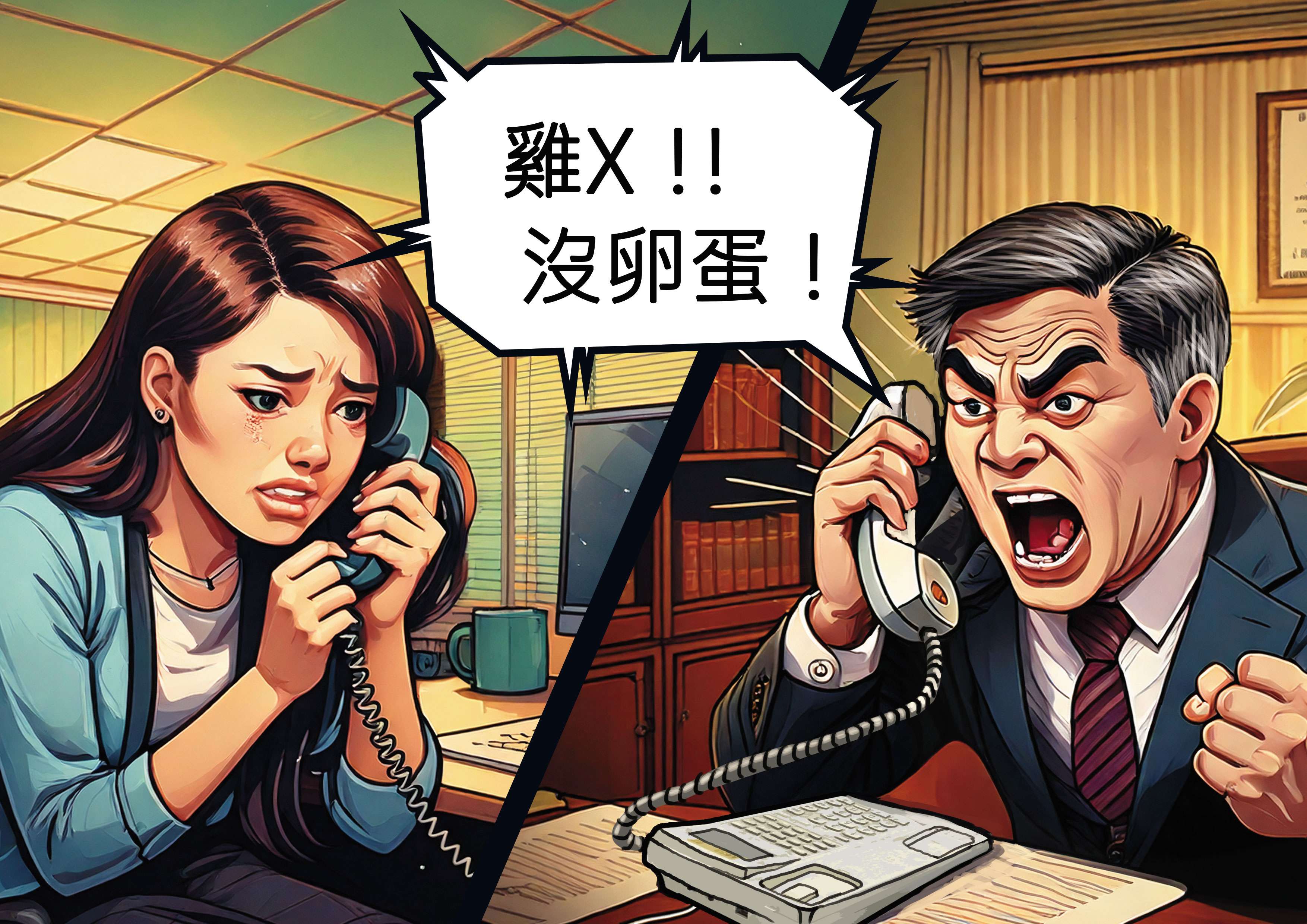 若女職員不依葉的指示，葉便會怒罵含有性別歧視言語。（AI繪圖Adobe Firefly生成，本刊美術組後製）