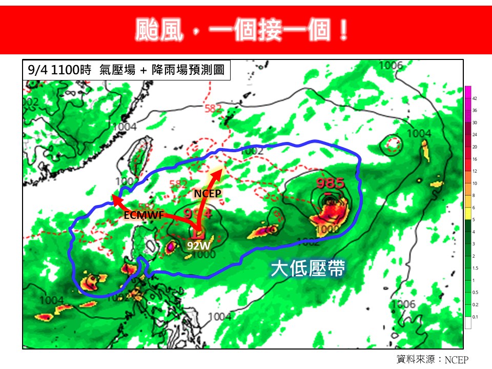 根據美國NCEP預測,氣象專家林得恩預估接下來颱風會「一個接一個」。(翻攝自臉書林老師氣象站)