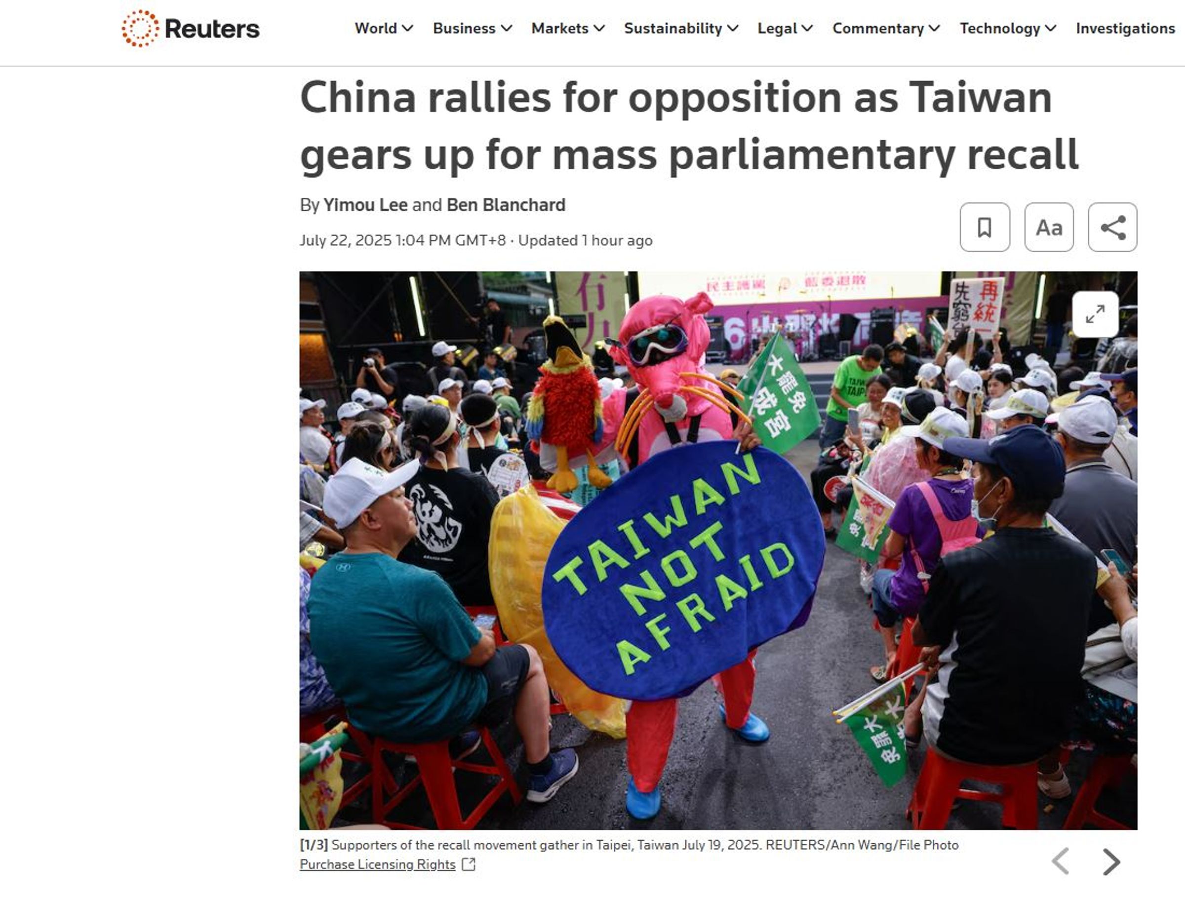 路透社報導指出，中共官媒挺KMT反罷攻勢。（翻攝路透社官網）