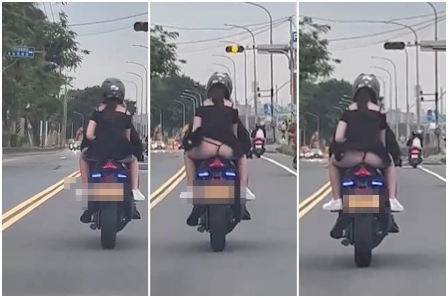 一名黃牌重機騎士後方女子裙底風光曝光，掀起討論。（翻攝自爆廢公社臉書）