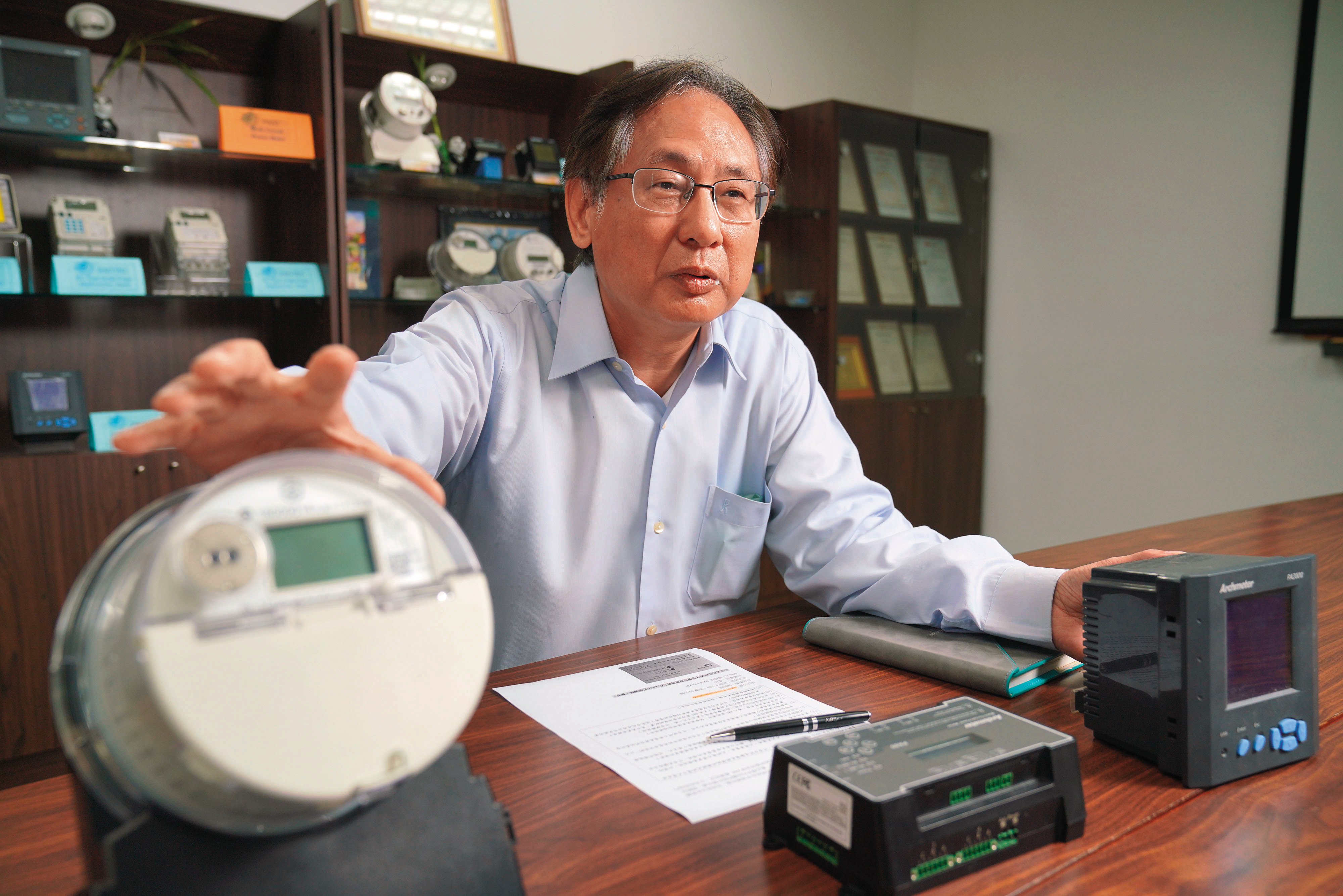 從工研院獨立的玖鼎電力在工商電表市場蹲穩馬步後，競逐標案市場，一舉搶下台電80萬顆智慧電表。圖為玖鼎總經理曾文良。